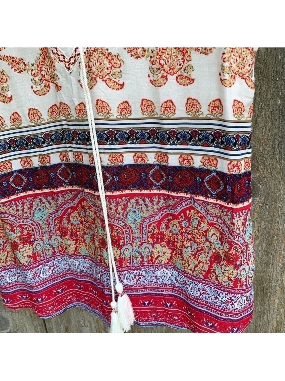 JENNIFER TAYLOR multicolor boho print lace yoke festival sleeveless tie neck top - Picture 6 of 10